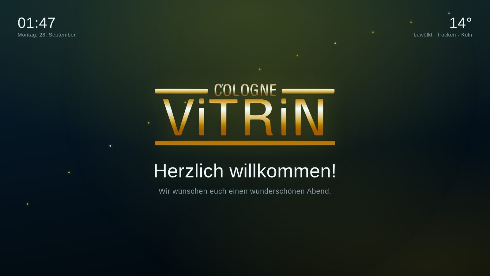 Begrüßungsbildschirm mit dem Logo des Saals, Uhr und Wetter